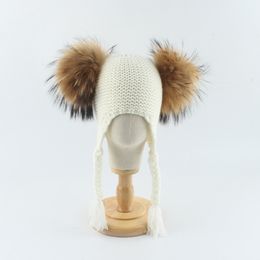 Beanie/Skull Caps Real Raccoon Fur Ball Hat For Kids Winter Knitted Warm Beanies Double Pompom EarFlap Cap Baby Girls Boy Children 230822