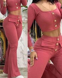 Women's Two Piece Pants Set Women Outfit 2023 Autumn Square Neck Long Sleeve Buttoned Top & Fashion Pocket Design Flared Streetwear