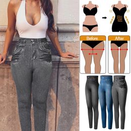 Women's Leggings Women Jeggings Faux Denim Jeans Leggins High Waisted Tummy Control Slim Leggins Printed Pencil Pants Seamless Skinny Trousers 230821