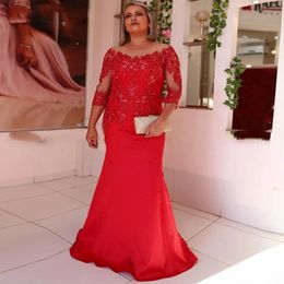 2024 Red Mother Of The Bride Dresses Long Sleeves Illusion Neck Appliques Lace Beaded Shiny Plus Size Mermaid Wedding Guest Dress Prom Evening Wear