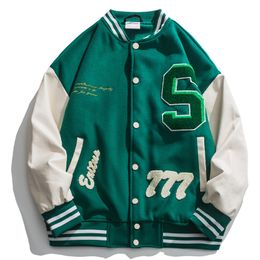 Men s Jackets High Street Baseball Jacket Men PU Leather Splice Towel Embroidery Varsity Vintage Loose Causal Coat Couple Green 230821