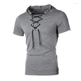 Men's T Shirts Men Shirt 2023 Summer Personality Hooded Tees Lacing Short Sleeve T-Shirt Homme Slim Fit Sportwear Clothing Mens Tshirt