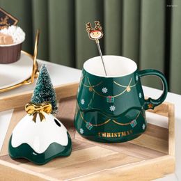 Mugs Christmas Tree Print 500ML Ceramic Tea Milk Drink Oatmeal Coffee Cup With Cover And Spoon Kid Adult Gift Drinkware Drinking