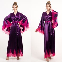 Purple Satin Silk Bridal Robe Sleepwear Long Sleeve Lace Lingerie Wedding Evening Bathrobe Nightwear Custom Made Robe Gowns