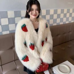 Women's Fur Luxury Lady Winter Crocheted 3D Strawberry Imitation Fluffy Coat Faux Mink Bomber Jacket Flocking Knit Cardigan Tops