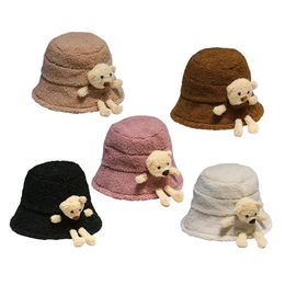 Korean Style Women Winter Fluffy Plush Warm Bucket Hat Cute 3D Stuffed Teddy Bear Wide Brim Harajuku Outdoor Panama Fisherman Ca239Q