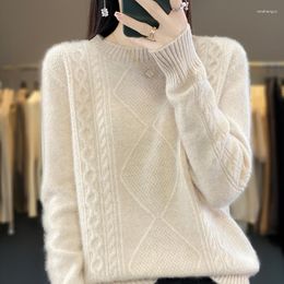 Women's Sweaters Clothes Merino Wool Round Neck Sweater Knitting Pullover Solid Color Diamond Twist Casual Warmth Thickening M-8151