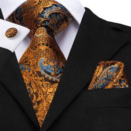 Neck Ties Hi Tie 100 Silk Luxury Mens Floral Black Gold Paisley NeckTie Pocket Square Cufflinks Set Men s Wedding Party Tie 230822