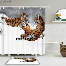 Shower Curtains 3D tiger elephant Animal printed shower curtain set waterproof bath curtains with bathroom non-slip floor mat R230822