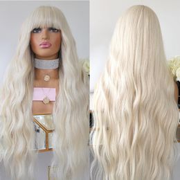 Synthetic Wigs Platinum Blonde Bangs Wig Snow White HD 13x6 Lace Front Virgin Hair Full Human 200% Slight Wavy with Bang 230821