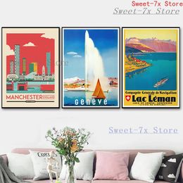 Geneva Switzerland Vintage Travel Canvas Painting Art Nordic Landscape Posters and Prints Wall Pictures for Living Room Bedroom Decor Frameless Wo6