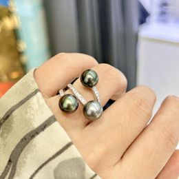 Cluster Rings Gorgeous Design 8-9mm Tahitian Round Black Pearl Ring 925s Silver Jewelry 925 Sterling