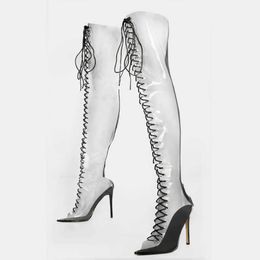 Transparent knee length boots, women's thin heels, spring/summer 2022 pointed open toe high cool cross tie up, large size boots 230822