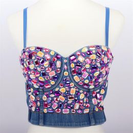 2020 Fashion Denim Rhinestones camisole Women's Corset Bustier Bra Night Club Party sexy Backless Top Vest Plus Size249j