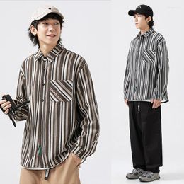 Men's Casual Shirts Oversize Mens 2023 Japanese Retro Color Block Vertical Striped Long Sleeve Shirt Trendy Couple Button Jacket
