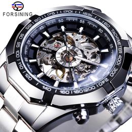 Wristwatches Forsining Stainless Steel Waterproof Mens Skeleton Watches Top Brand Luxury Transparent Mechanical Sport Male Wrist Watches 230822