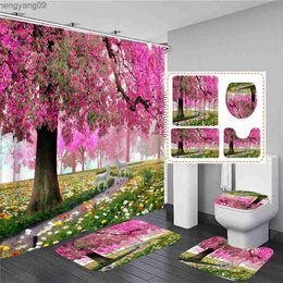 Shower Curtains Pink Big Tree Flower Garden View Shower Curtain Bathroom Set Flowers Bath Curtains Slip Cover Floor Mat Rug Sets R230822