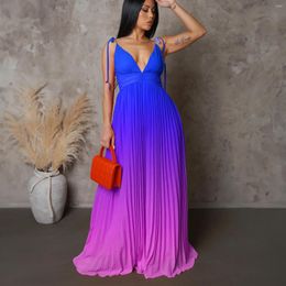 Casual Dresses Summer Sexy V-Neck Backless Hollow Gradient Party Women's Dress Elegant Lace-up Tie-dye Print Pleated Maxi Long