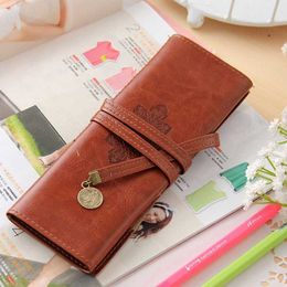 Learning Toys Multicolor Vintage Retro Luxury Roll Leather Make Up Cosmetic Pen Pencil Case Bag School Supply Promotional Gift Stationery