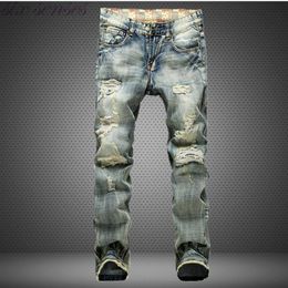 Big Size 42 European Style Men Jeans Holes Frazzle Jeans Mens Casual Leisure Denim Long Pants Light Blue SL0293245p