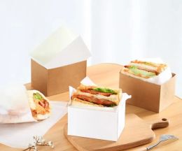 wholesale Kraft Paper Sandwiches Wrapping Box Thick Egg Toast Bread Breakfast Packaging Boxes Burger Teatime Tray SN4474 LL