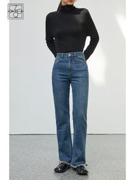 Women's Jeans ZIQIAO Women Winter Retro Denim Blue Straight Long Dark Stretch Bootleg Frayed Hem Trousers 230821