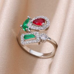 Band Rings Green Zircon Flower Leaf Rings For Women Geometric Stainless Steel Ring Luxury Couple Wedding Jewellery Gift R230822