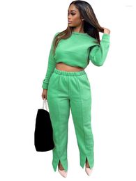 Women's Two Piece Pants KEXU Casual Pullover Sweatshirt And Slit Flare Suit Sport Fashion Fall 2 Set Streetwear Outfit Tracksuit