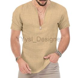 Summer V-Neck Short Sleeve Tee Shirt Stylish Men Beachwear Slim Fit Shirt Solid Color Bamboo Cotton Clothes Y2K Tops 2023 x0822