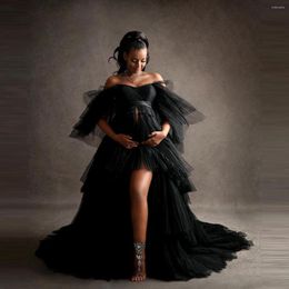 Casual Dresses Elegant Black Pleated Tulle Maternity Short Sleeves Front Slit Ruffles Custom Made Plus Size Bridal Pregnancy Po