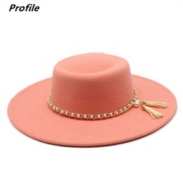 Wide Brim Hats Bucket Fedora hat pearl chain series autumn and winter ring flat top fashion men women felt jazz 230821