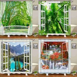 Shower Curtains 3D Printed Forest outside Window Bathroom Shower Curtain Green Natural Landscape Decoration Waterproof Curtain with Curtain R230822