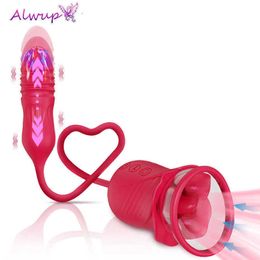 Massager Rose Thrusting Sucking Tongue Licking Clitoral g Spot Double Head Vibrator Anal Teasing Telescopic Masturbation