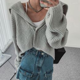 Women's Knits Autumn Winter Loose Short Knitted Cardigan Sweaters Sailor Collar Single Breasted Knit Coat Jacket Crop Tops 2023