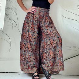 Women's Pants Vintage Printed Cotton Linen Summer Fashion Elastic Waist Thin Wide Leg Casual Loose Straight Ankle Length Trouser