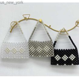 Totes 2023 Crystal Beaded Transparent Bag Square Beaded Mobile Phone Jelly Bag Purse Niche Hand-woven Pearl Clear Purses Handbags HKD230822