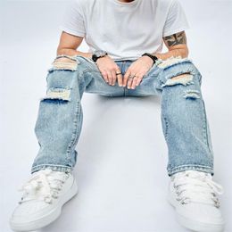 Men's Jeans Mens Retro Casual American Fashion Loose Denim Pants High Street Full Length Holes Wide Leg