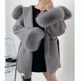 Women's Wool Blends Oversize Ladies Outerwear Real Fur Coat Winter Jacket Women Natural Fur Collar Cuffs Hood Cashmere Wool Woollen 230821