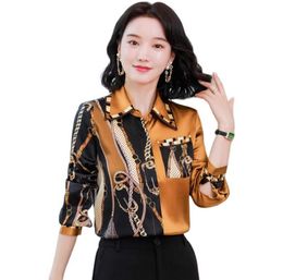 Luxury Fashion Contrast Color Runway Shirts 2023 Women Designer Street Style Silk Blouse Spring Autumn Office Lady Elegant Formal Print Button Up Satin Tops