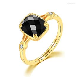 Cluster Rings 925 Sterling Silver With 9K Gold Natural Black Agate Zircon Punk Designer Club Cocktail Party Japan Korea Fashion