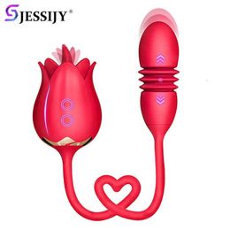 Tongue Licking Rose Vibrator with Telescoping Dildo g Spot Nipple Masturbator Clitoral Stimula for Women