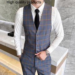 Men's Suits 2023 Leisure Business Suit Vest Grid Fashion Sleeveless Jacket Grey Blue Large Size S-4XL