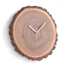 Wall Clocks Solid Wood Clock Living Room Simple Nordic Quiet Decoration Modern Log Embedded Brass Ring Furniture