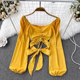 Women's Blouses Puff Sleeve Bow Lace-up Drawstring Folds Top Women Solid Colour V-Neck Slim Casual Sexy Blusas French Retro Dropship