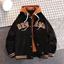 Men's Jackets Fashion Hooded Fake Two Pieces Baseball Uniform Men Autumn Winter Jacket Patchwork Striped Printed Letter Oversized 4XL 230821