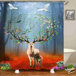 Shower Curtains Bathroom Waterproof Shower Curtain with 3D Forest Animal Landscape Deer Printing Home Decoration Curtain R230822
