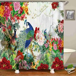 Shower Curtains 240x180cm Bathroom Waterproof Shower Curtain Bath Curtain Peacocks Flower Birds Printed Fabric Home Decoration Curtain With R230822