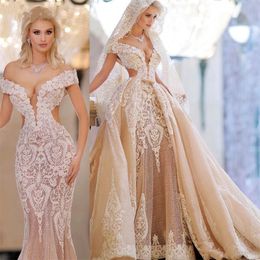 Elegant 2024 Beading Lace Mermaid Wedding Dress Plus Size Detachable Middle East Formal Pageant Gowns Arabic Wear