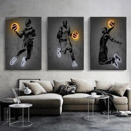 Canvas Painting Neon Style Ball Abstract Prints Wall Art Basketball Player Star Posters Pop Art Pictures Bar Man Room Home Decor Mural No Frame Wo6