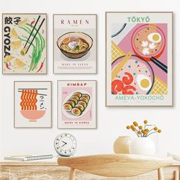 Canvas Painting Japanese Food Sushi Dumpling Wall Art Prints Funny Ramen Noodles Poster Canvas Pictures For Living Room Home Pink Kitchen Decor No Frame Wo6